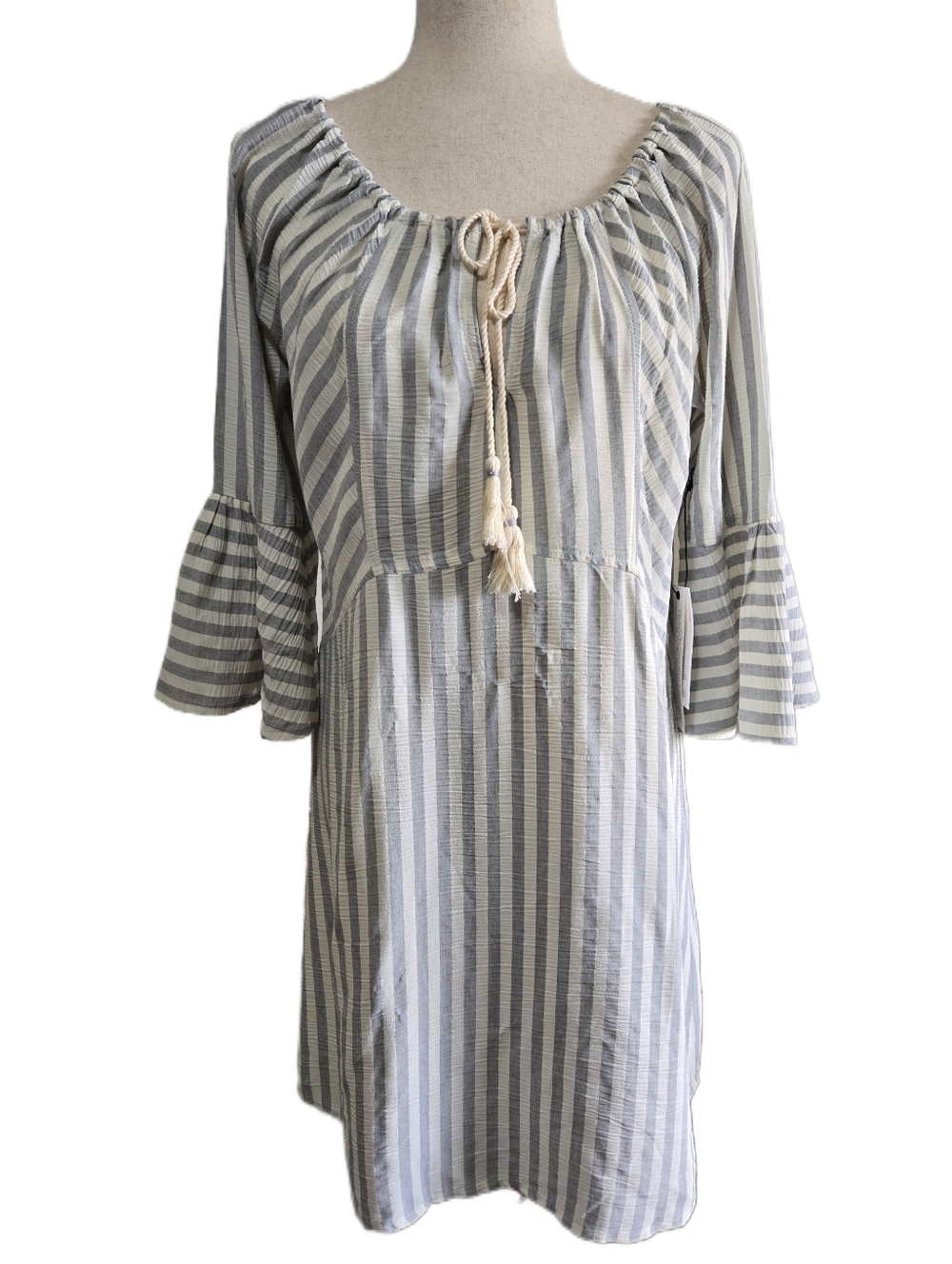 Maven West Striped Dress Grey White Bell Sleeve Tassel Tie Coastal Small NWT